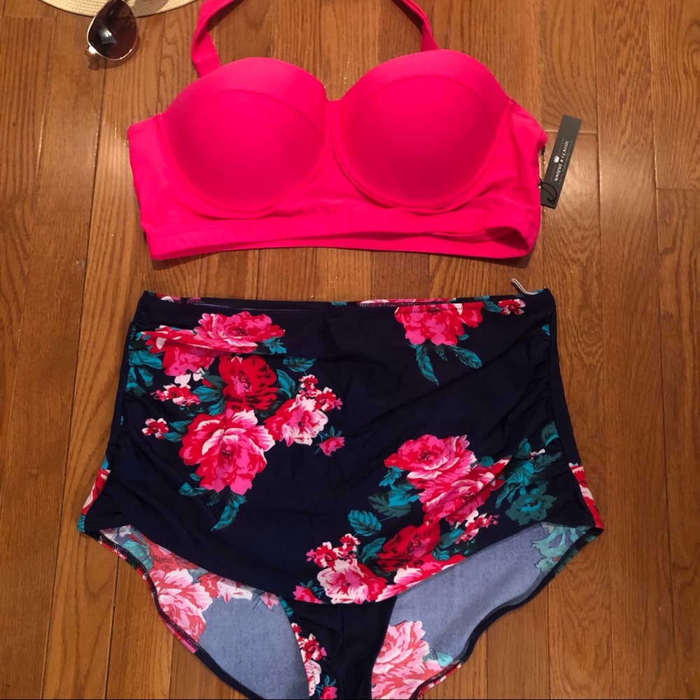 NWT Hot Pink & Navy Two-Piece Bathing Suit XXL